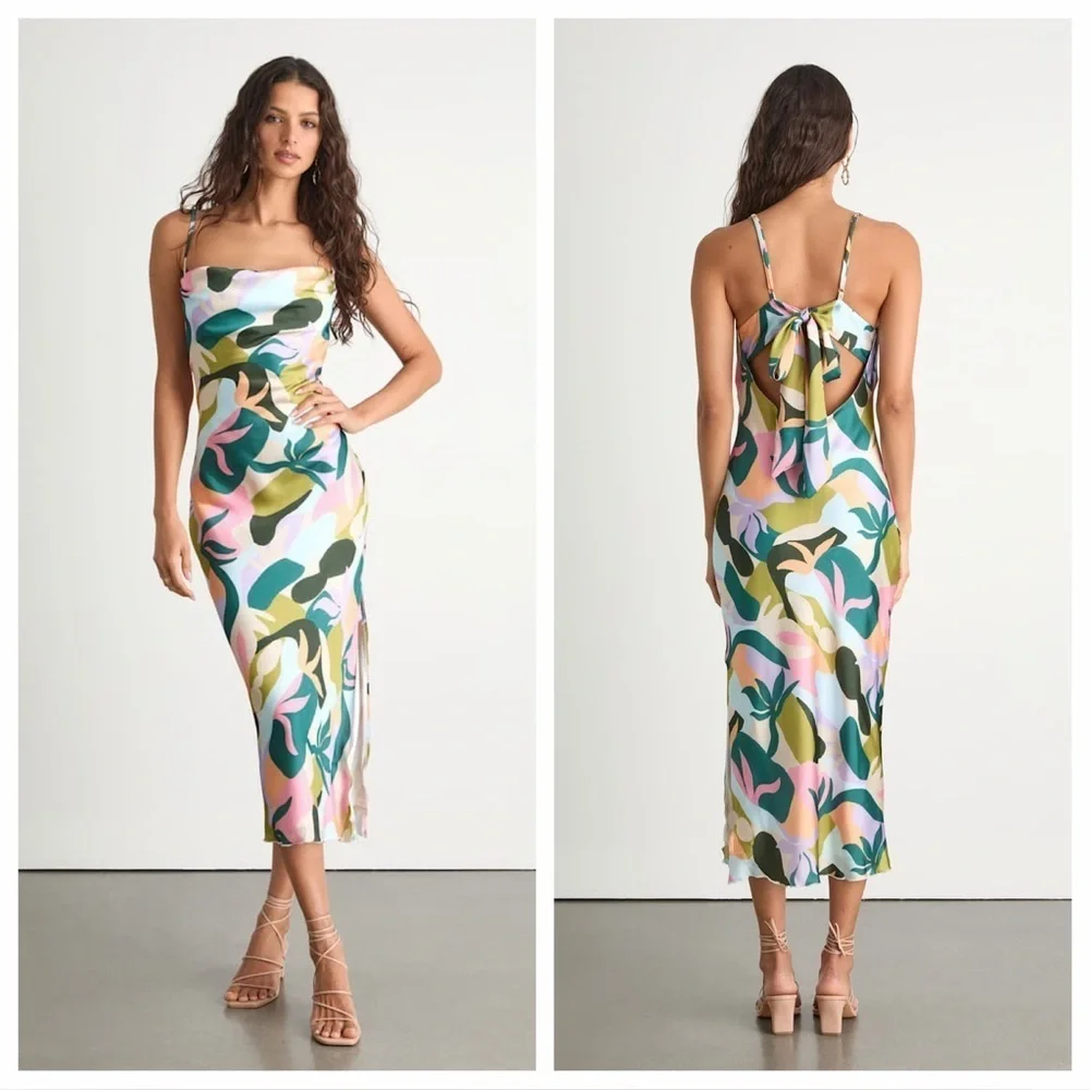 Lulus Midiana Multi Abstract Floral Tie-Back Midi Dress
